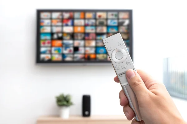Multimedia video streaming concept. Television set, remote control in hand