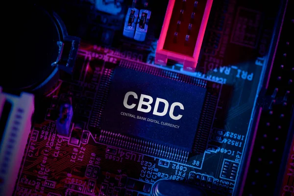 Cbdc 中央银行数字货币技术 主板上的电脑芯片 — 图库照片