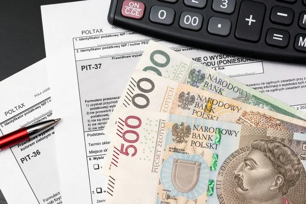ポーランドの納税申告書銀行券を磨く 洗練された租税形態及び金銭を有する租税所得 — ストック写真
