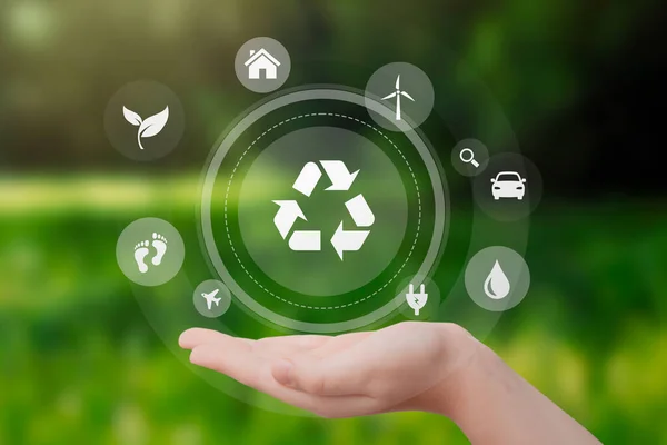 Hand Recycling Eco Symbols Sustainable Energy Sources Zero Waste Concept Photo De Stock