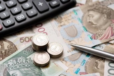 Polish money, coins stack, polish currency concept background