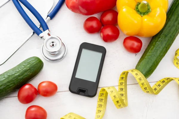 Glükométer Zöldségek Egészségügy Cukorbetegség Koncepció — Stock Fotó