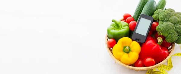 Glucomètre Légumes Santé Concept Diabète — Photo