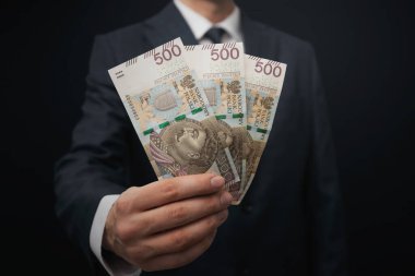 İşadamı para banknotlarını parlatır. Polonya 'da bir iş yürütüyor.