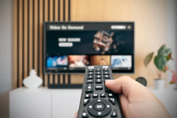 Vod Service Screen Man Watching Remote Control Hand — Stock Photo, Image