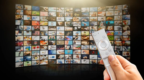 Multimedialna Koncepcja Wideo Ścianie Medialnej Usługi Transmisji Strumieniowej Wideo Żądanie — Zdjęcie stockowe