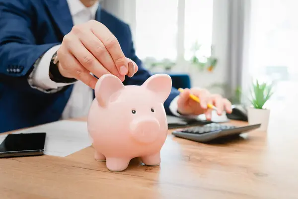 Putting Coin Piggy Bank Savings Finances Economy Home Budget — Stock Photo, Image