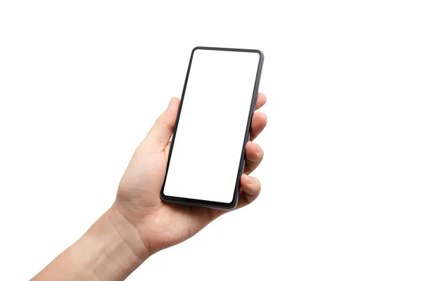 Man Hand Houden Zwarte Smartphone Geïsoleerd Witte Achtergrond Rechtenvrije Stockfoto's
