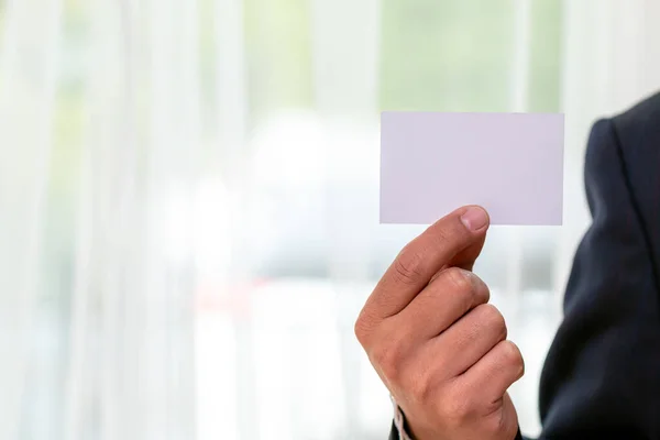 Businessman Black Suit Holding White Empty Blank Card Template Copy — Stock Photo, Image