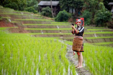 Kırsal bir ortamda akıllı bir telefonla meşgul olan bir Hmong kadınının yer aldığı bu resim, verimli bir pirinç tarlasına karşı kurulan geleneksel kültürel uygulamalar ve dijital çağ arasındaki zıtlığı ve uyumu gösteriyor.