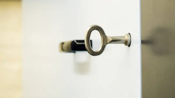 A modern silver key inserted into a door lock with a blurred black handle in the background, symbolizing access and security