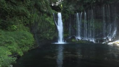 Yosun kaplı bir uçurumdan yemyeşil yapraklarla çevrili sakin, karanlık bir havuza dökülen şelalenin yakın görüntüsü.