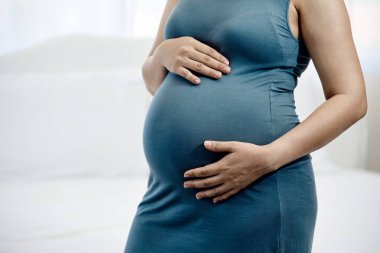 Mavi elbiseli hamile bir kadının, karnını nazikçe sarmaladığı, sevgiyi, ilgiyi ve anneliği simgeleyen yakın plan fotoğrafı.