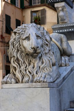 İtalya, Cenova 'daki Cattedrale di San Lorenzo' nun eteğindeki aslan heykeli.