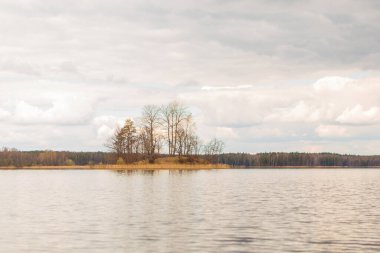 Nehir ve ormanla güzel bir bahar manzarası. Vitebsk bölgesindeki Tiesto Gölü, Belarus