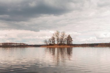 Nehir ve ormanla güzel bir bahar manzarası. Vitebsk bölgesindeki Tiesto Gölü, Belarus