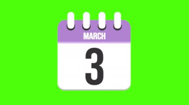 3 Mart. Takvim görünüyor, sayfalar 3 Mart tarihine kadar düşüyor. Yeşil arkaplan, krom anahtar