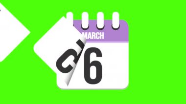 25 Mart. Takvim görünüyor, sayfalar 25 Mart tarihine kadar düşüyor. Yeşil arkaplan, krom anahtar