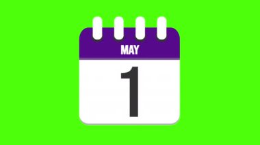 1 Mayıs. Takvim görünüyor, sayfalar 1 Mayıs 'a kadar düşüyor. Yeşil arkaplan, krom anahtar