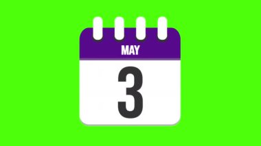 3 Mayıs. Takvim belirdi, sayfalar tarih 3 Mayıs 'a kadar düştü. Yeşil arkaplan, krom anahtar