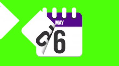 9 Mayıs. Takvim belirdi, sayfalar 9 Mayıs 'a kadar düşüyor. Yeşil arkaplan, krom anahtar