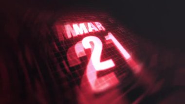 3 boyutlu hareket grafiğinde 21 Mart. Çekimler için parlak fütüristik ve teknolojik ışık saçan kızılötesi takvim, kurşun ve benzeri anılar. 4k döngüsü