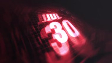 30 Temmuz 3D hareketli grafik. Çekimler için parlak fütüristik ve teknolojik ışık saçan kızılötesi takvim, kurşun ve benzeri anılar. 4k döngüsü