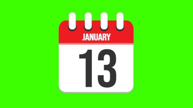 13 Ocak. Yeşil krom anahtar arka planında tarih ve ay adı olan çizgi film tarzı takvim. 4k.