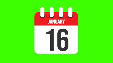 January  16. Cartoon style calendar with date and month name on green chroma key background. 4k. clipart