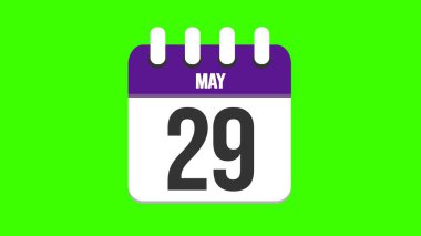 May 29. Cartoon style calendar with date and month name on green chroma key background. 4k. clipart