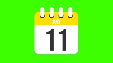 July 11. Cartoon style calendar with date and month name on green chroma key background. 4k. clipart