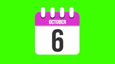 October 6. Cartoon style calendar with date and month name on green chroma key background. 4k. clipart