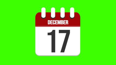 December 17. Cartoon style calendar with date and month name on green chroma key background. 4k. clipart