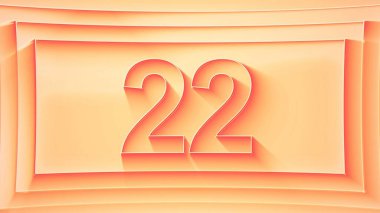 Number 22. Minimalistic embossed number with glittering lights and dynamic shading, in shades of orange. 4k. clipart