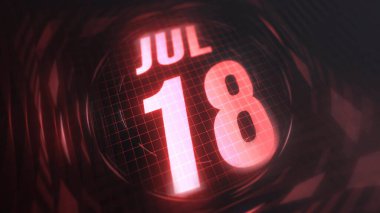 July 18st, hud calendar with neon red sign in 4k. clipart