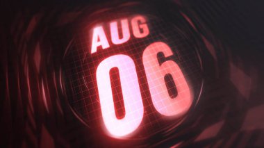 August 6st, hud calendar with neon red sign in 4k. clipart