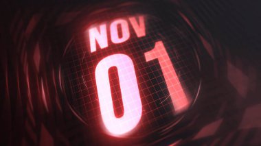 November 1st, hud calendar with neon red sign in 4k. clipart