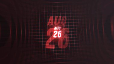 26 August. Calendar with number and month in neon red with grid background. 4k. clipart