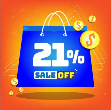 Tote bag with print promotion for sales, 21% off. Vector tags and icons with orange background clipart