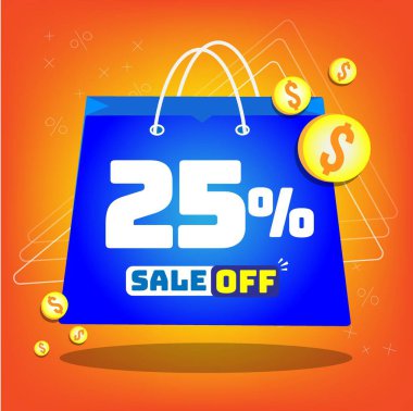 Tote bag with print promotion for sales, 25% off. Vector tags and icons with orange background clipart