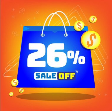 Tote bag with print promotion for sales, 26% off. Vector tags and icons with orange background clipart