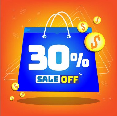 Tote bag with print promotion for sales, 30% off. Vector tags and icons with orange background clipart