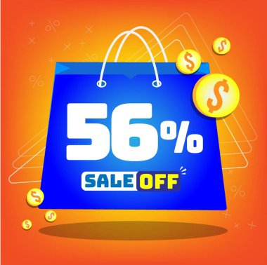 Tote bag with print promotion for sales, 56% off. Vector tags and icons with orange background clipart