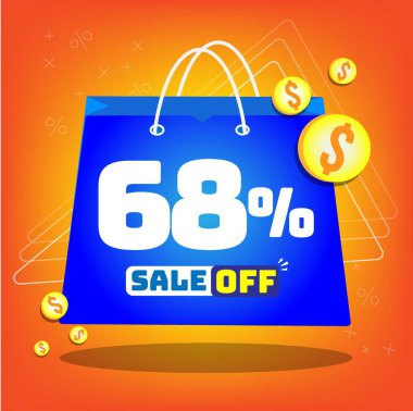 Tote bag with print promotion for sales, 68% off. Vector tags and icons with orange background clipart