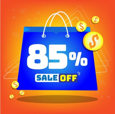 Tote bag with print promotion for sales, 85% off. Vector tags and icons with orange background clipart