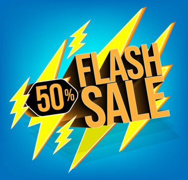 Flash sale for stores and promotions with 3d text in vector. 50% discount off clipart