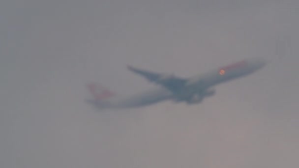 雲の中を飛行中のサイドライトを持つ旅客機が消え 霧から再表示されます — ストック動画