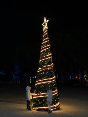 Dış giysili çocuklar konik Noel ağacına dokunuyor. Parlak çelenklerle süslenmiş ve geceleri yıldız şeklinde süslemelerle süslenmiş.