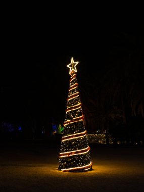 Parlak peri ışıklarıyla süslenmiş konik Noel ağacı ve karanlık gece gökyüzüne karşı caddeye yerleştirilmiş yıldız şeklindeki tepe..