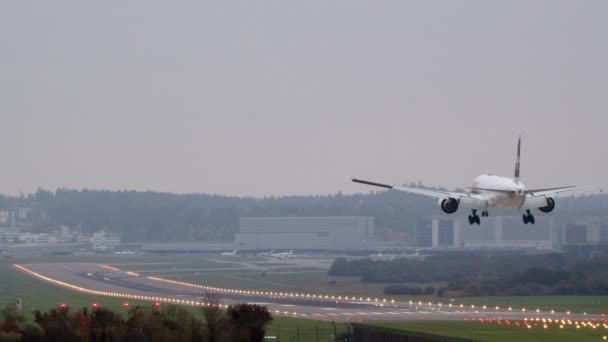 Ett Passagerarflygplan Som Landar Start Och Landningsbanan Flygplats Upplyst Markeringsljus — Stockvideo